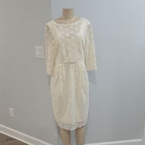 Alex Evenings Cream Sheath Dress with Bateau Neckline and Bishop Sleeves